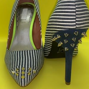 Rachel Roy’s Denim Stripped Studded Pumps